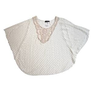 VTG Jordache Chenille Lace TOP SHIRT LG Women's Cream Tan Embroidered Smock Knit